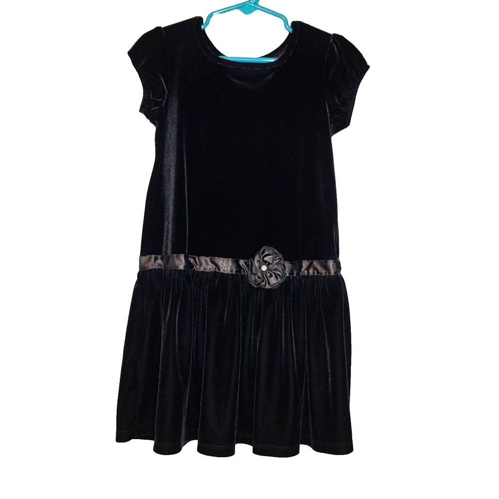Perfectly Dressed Black Velour Drop Waist Ribbon Dress‎ Party Girls XS 4/5